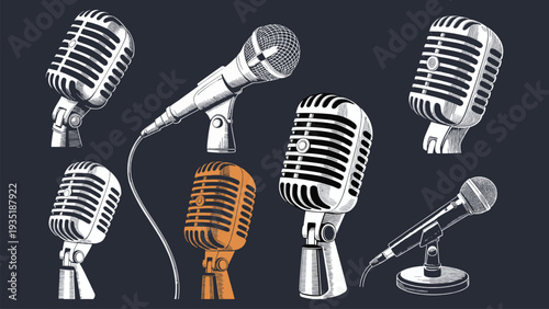Intricately drawn collection of vintage and modern microphones, showcasing diverse styles perfect for broadcasting, music, and public speaking in a classic engraving illustration.
