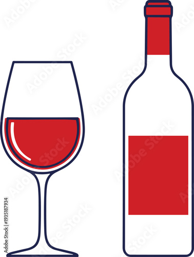 Red wine bottle and glass minimalist vector illustration icon isolated on white background for winery menu catering and restaurant branding
