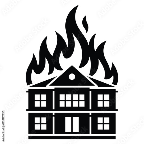 Emergency disaster building on fire icon symbolizing property damage and need for fire department assistance and insurance claim coverage illustration