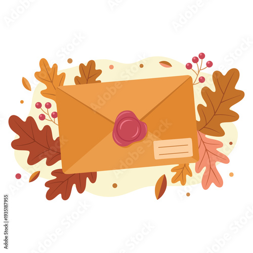 Envelope with autumn leaves and berries vector illustration seasonal design element ideal for fall greeting card decoration and nature themed artwork