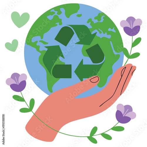 Environmental protection concept hand holding planet with recycling symbol zero waste movement and green living give things message