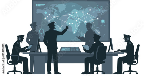 Flat vector illustration of command center, global surveillance, military strategy, cyber operations, world map data, strategic decision-making teamwork 