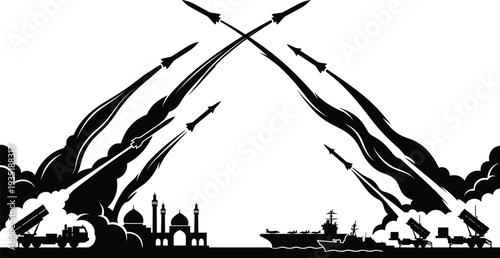 Flat vector illustration of military conflict, missile exchange, war tension, Middle East mosque, aircraft carrier, global geopolitical warfare scene