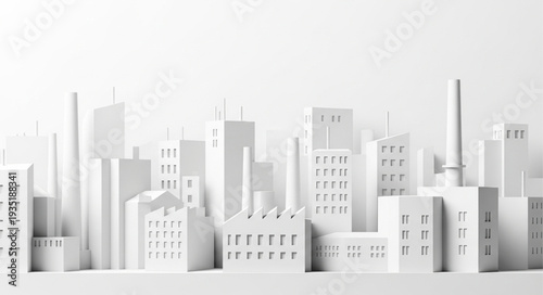 White paper city skyline with diverse buildings and factories.