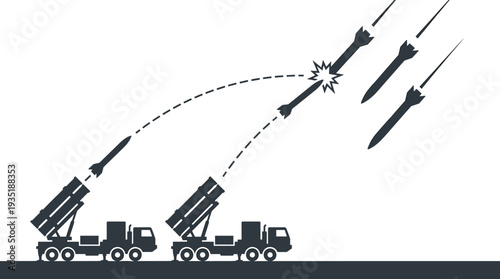 Flat vector illustration of missile defense system, interceptor launch, military technology, global security, war prevention, strategic defense interception scene