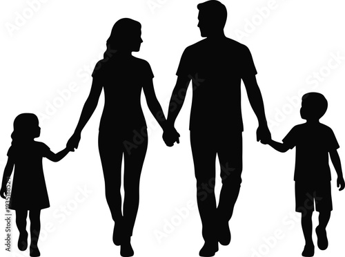 Family silhouette walking together, parents holding children’s hands, unity support, love bond, togetherness concept, black vector design, flat vector illustration
