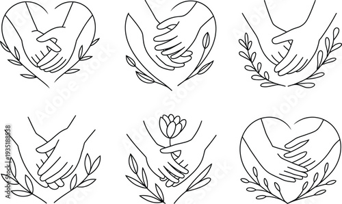 Black and white line art illustrations of hands forming hearts with leaves and a flower