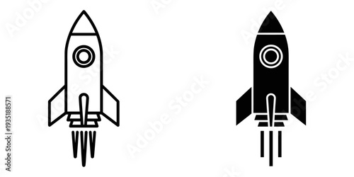 Minimalist black and white rocket icons launching into space futuristic design vector illustration