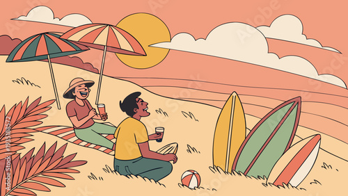 Happy couple relaxing on beach with surfboards and drinks