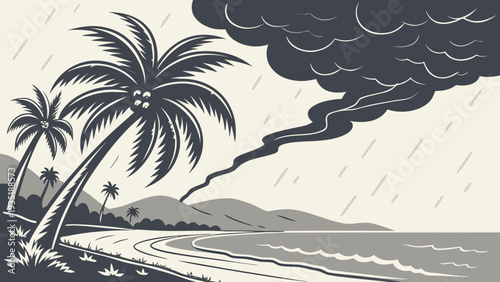 Tropical beach with palm trees in heavy rain storm