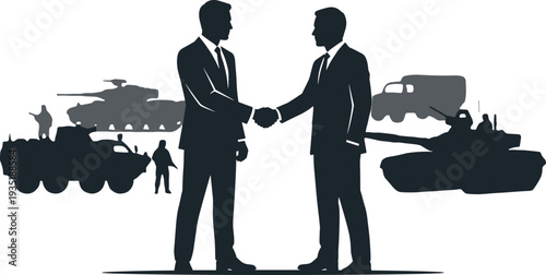 Flat vector illustration of business handshake, defense contract, military negotiation, arms deal, global commerce, strategic partnership, geopolitical influence scene