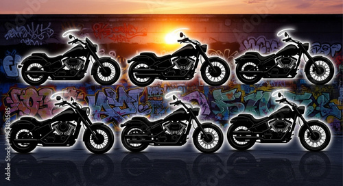 Collection of six custom cruiser motorcycles displayed in a row.