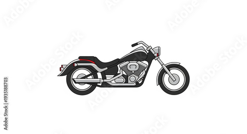 Classic Black Cruiser Motorcycle Side View Isolated.