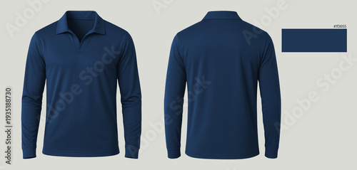 Schilderij op canvas Plain Navy Blue long sleeve t-shirt. front and back view