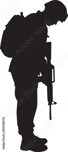 Soldier silhouette vector illustration line art kneeling with rifle and helmet