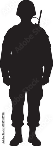 Soldier silhouette with helmet and radio vector illustration line art transparent
