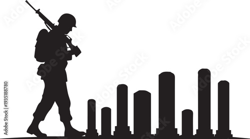 Soldier walking past graves silhouette vector illustration line art memorial