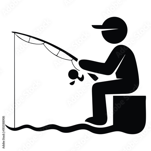 Fishing fisherman sitting with a rod angling pictogram symbol outdoor hobby vector illustration ideal for lake adventure and leisure activity themes