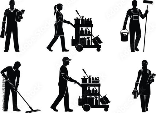 Cleaning services silhouettes set featuring professional janitors with supplies mopping floors and pushing cleaning carts isolated on white background for SEO
