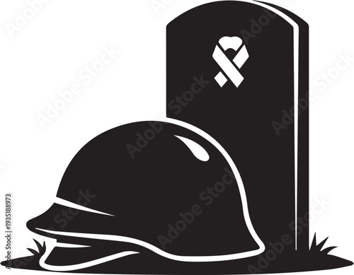 Tombstone and helmet vector silhouette illustration with awareness ribbon on transparent background