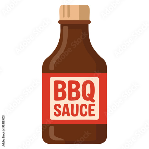 Flat cartoon style glass bottle of barbecue sauce featuring red label and beige cap ideal for food branding packaging menu and kitchen graphics