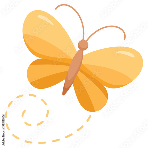 Flat cartoon style cute yellow butterfly flying with trail ideal for spring nature themes kids illustration and joyful seasonal artwork