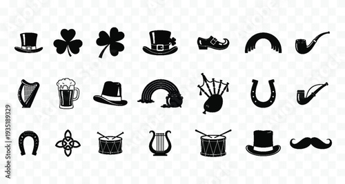 Saint Patrick's Day Icons: Shamrock, Leprechaun Hat, Pot of Gold, Harp, Beer Vector
