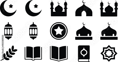 Vector islamic symbols and icons set mosque crescent moon star lantern quran and more vector graphics