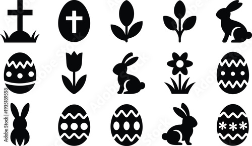 Easter vector icons set featuring easter eggs rabbits cross tulips and floral patterns in black on white background