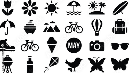 Vector graphics of summer icons and symbols in black and white
