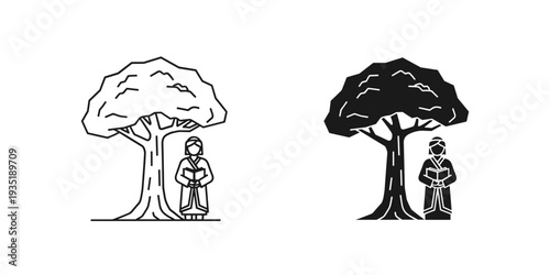 Silhouette father son bonding under large tree outdoor family love nature line art illustration