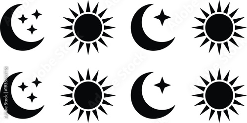 Vector graphics of celestial bodies sun and moon icons with stars