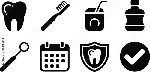 Vector dental icons set including tooth toothbrush and calendar for oral health and hygiene