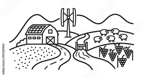 Paisaje lineal de granja sostenible con energías renovables, ganadería ovina y viñedos en un entorno rural