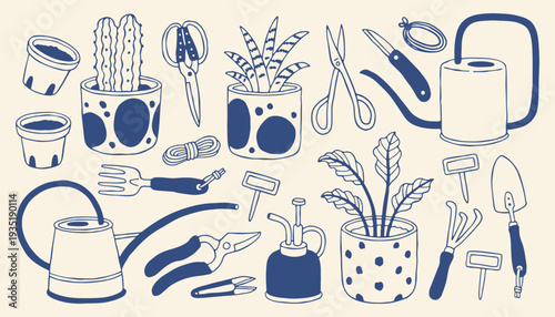 Hand drawn gardening tools and potted plants in blue outline style. Cute home gardening vector collection with watering can, scissors and planters for branding, packaging and decor design