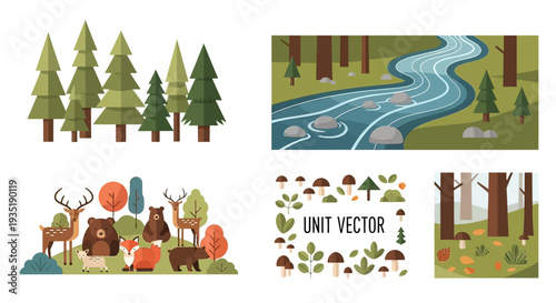 Forest Elements Trees River Deer Leaves.