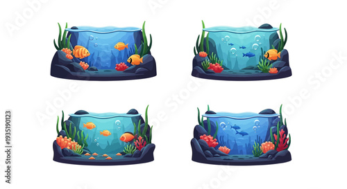 Four Aquarium Tanks with Fish and Plants.