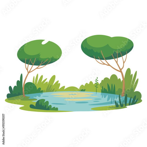 Flat vector illustration cartoon serene small pond with greenery and gentle ripples on water surface isolated on white background