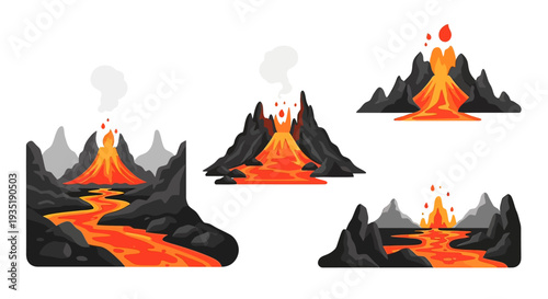 Volcano Eruption Illustration Set with Lava Flow.