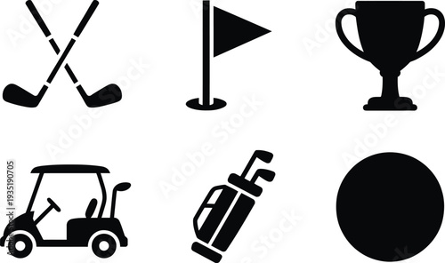 Vector golf icons set including golf clubs flag trophy cart bag and ball