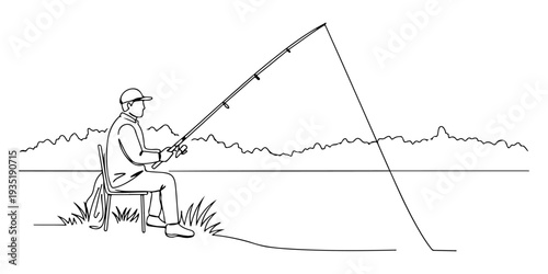 Continuous one line of a person fishing on the edge of a lake, depicting the calm and patient hobby of fishing, drawn illustration.