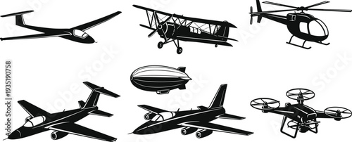 Aircraft silhouettes collection, airplane helicopter drone blimp and jet isolated on white background, aviation vector illustration set