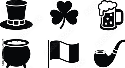 Vector st patrick's day icons featuring shamrock pot of gold beer top hat flag and smoking pipe in black and white