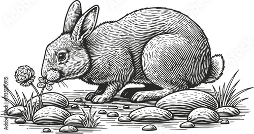 Detailed black and white illustration of a rabbit sniffing flowers by stones and grass in nature