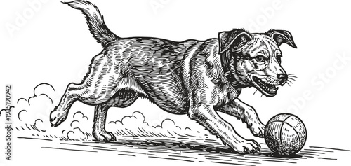 Playful dog chasing ball on the ground active pet running and having fun outdoors