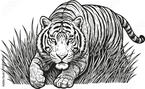 Majestic tiger stalking through tall grass in a detailed black and white line art illustration