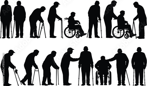 Silhouettes of people with disabilities and their caregivers in various scenarios