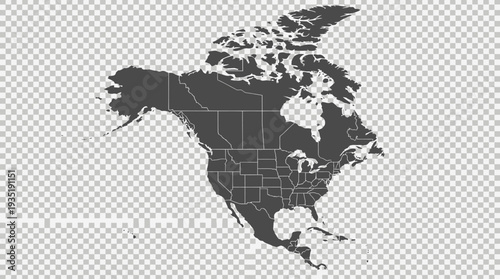 Detailed North America Political Map with Countries and US States Outlined on Transparent Background