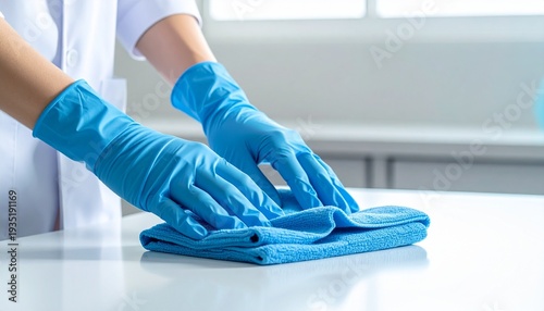 Person in gloves folding a blue towel clean hygiene practice for healthcare virus prevention and hospital environment.