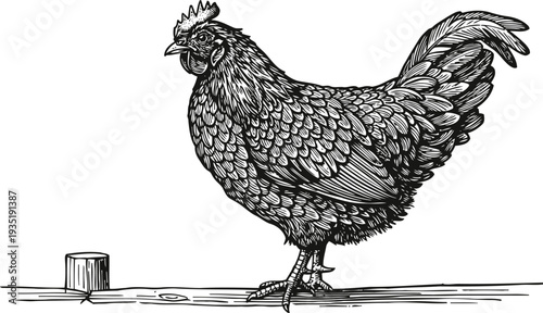 black and white detailed illustration of a standing chicken on a wooden perch, farm animal sketch
